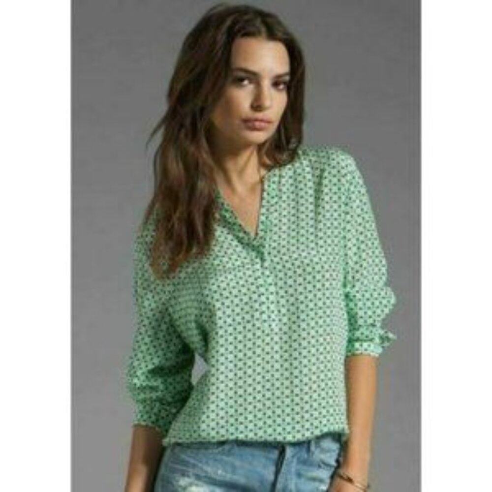 Joie Jira Silk Blouse Green Blue White Geometric Size Small